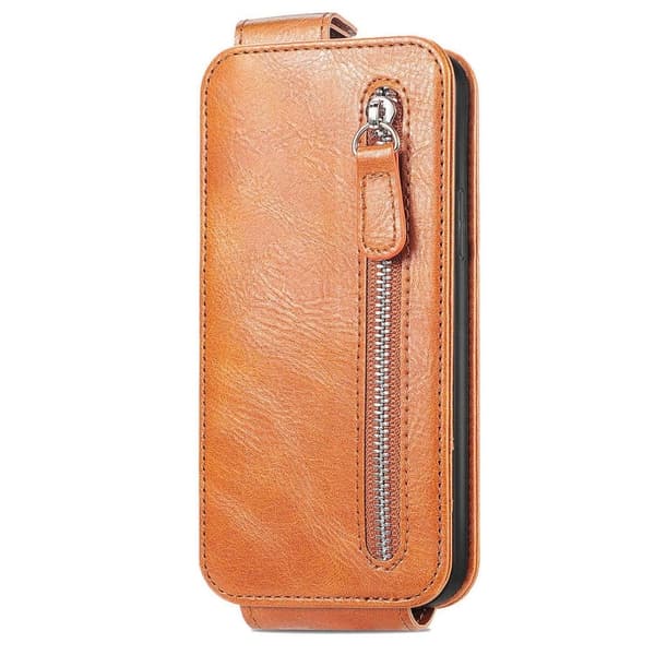 Vertical Flip Phone Etui med Zipper til iPhone 14 Pro Max - Brun