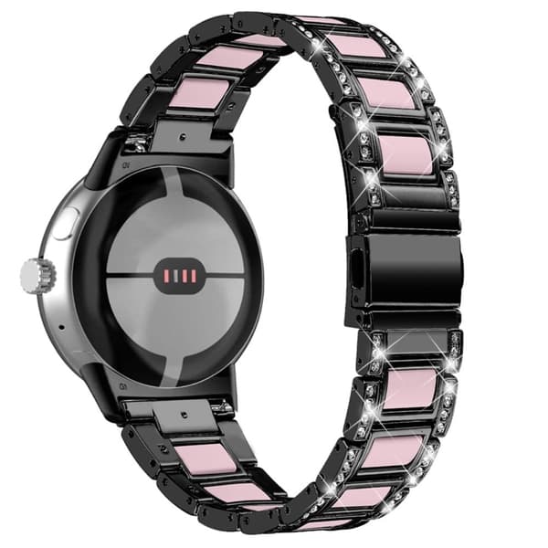Google Pixel Watch rhinestone-dekor i resin-stil urrem i rustfrit stål - Sort / Lyserød
