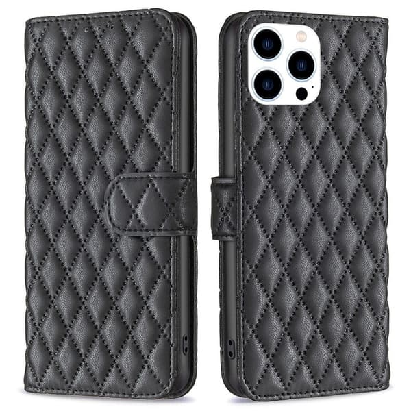 Rhombus mat iPhone 14 Pro flip etui - Sort