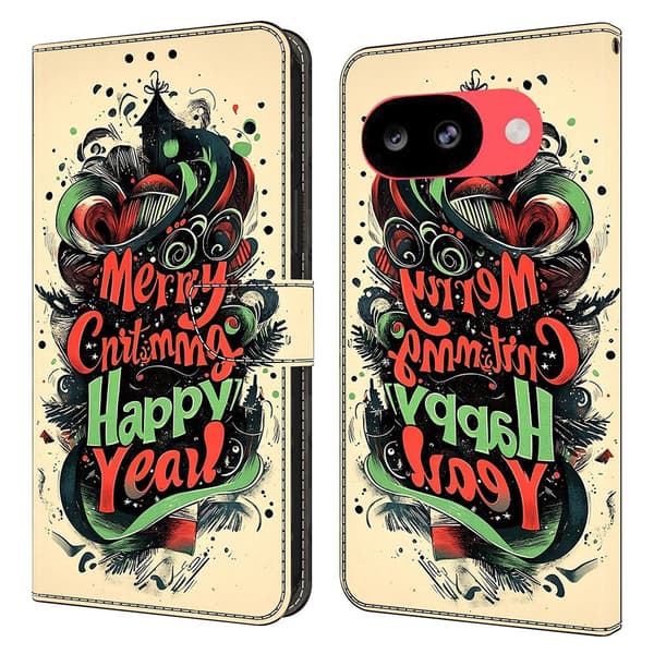 Google Pixel 10a plånboksfodral, vikbart stativ, mönstertryckt läderfodral med flip-lock - Julgraffiti