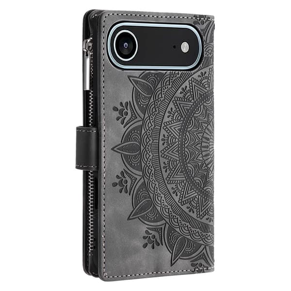 iPhone 17 Air Wallet Case Mandala Flower Pattern veganskt läderfodral med handledsrem - Grå