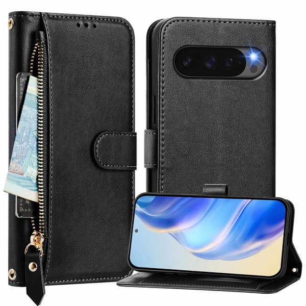 Google Pixel 10 Pro / Google Pixel 10-etui med lynlåslomme og flere kortlommer i læder - Sort