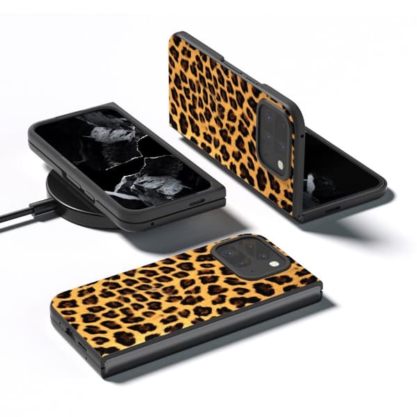 Google Pixel 9 Pro Fold 5G Case Leopard Pattern PU ja kolhun kestävä puhelimen kansi - Kulta