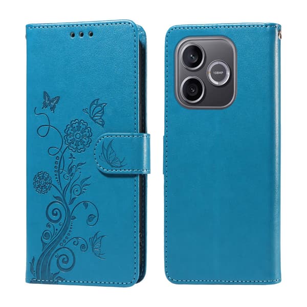 Honor 600 Lite 5G läderfodral med fjärils- och blommönster, plånboksformat och stativfunktion - Blå