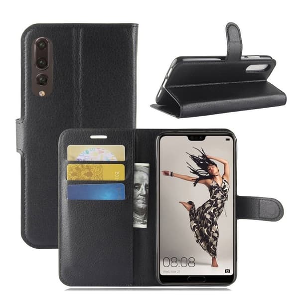 Huawei P20 Pro litchi tekstur PU læder flip etui - Sort