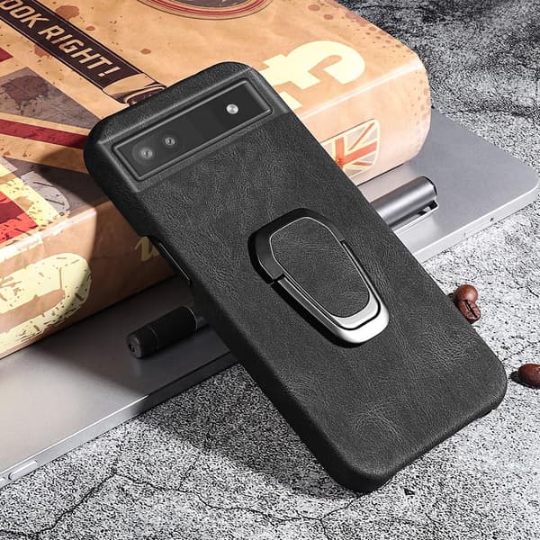 Stötsäkert läderfodral med oval kickstand för Google Pixel 6a - Svart