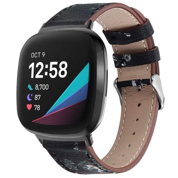 Urrem i ægte læder Fitbit Sense 2 / Versa 4 - Sort / Hvid Blomst
