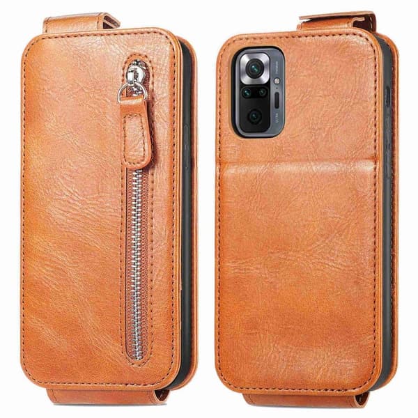 Vertical Flip Phone Etui med Zipper til Xiaomi Redmi Note 10 Pro / 10 Pro Max - Brun