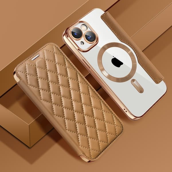iPhone 15 Plus RFID-blockerande läderfodral med linsfilm - Brun
