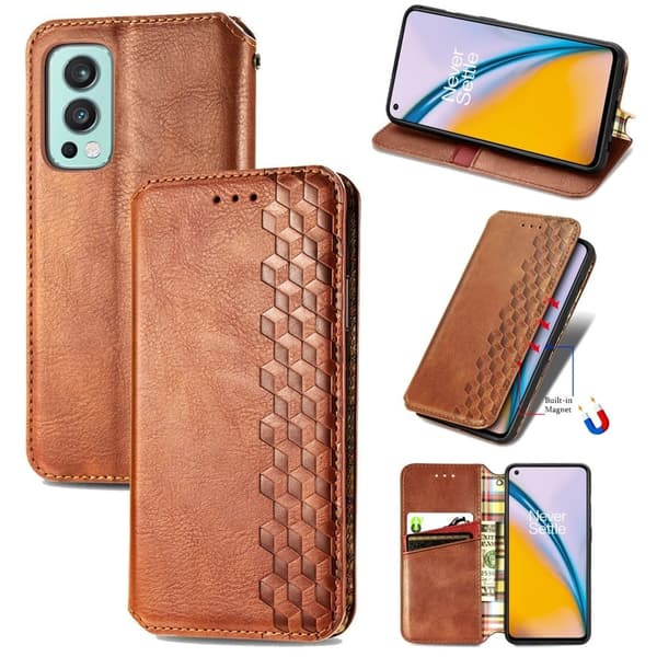 Läder OnePlus Nord 2 5G fodral med romb-design - Brun