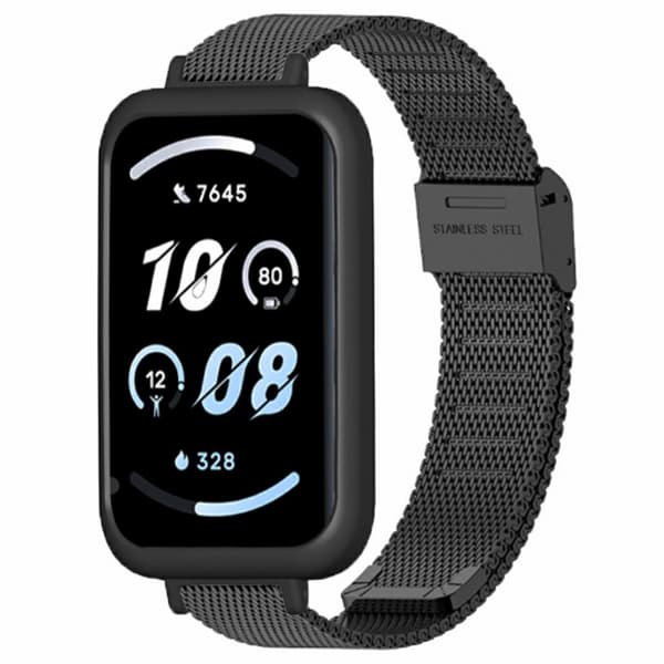Honor Band 10 / 9 Erstatningsurrem Rustfrit stål Milanese Loop-rem med PC-etui - Sort / Sort