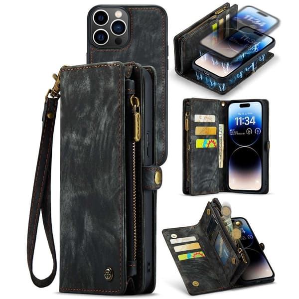 CaseMe iPhone 14 Pro Max Zipper Lompakko - Musta