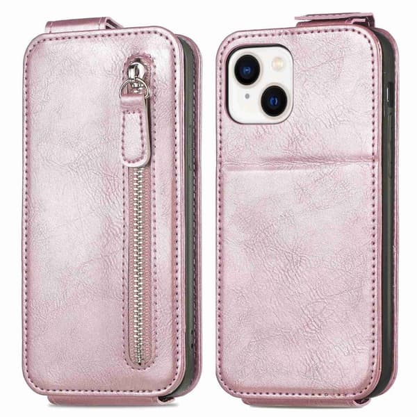 Vertical Flip Phone Etui med Zipper til iPhone 14 Plus - Rose Gull