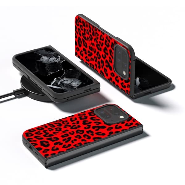 Google Pixel 9 Pro Fold 5G Case Leopard Pattern PU ja kolhun kestävä puhelimen kansi - Punainen