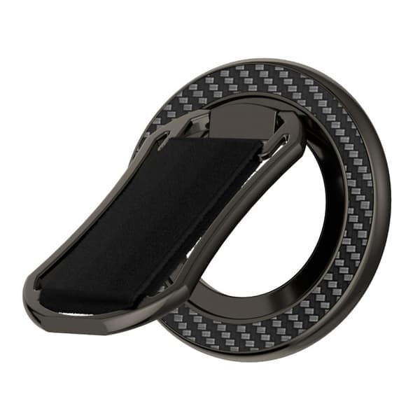 Carbon Fiber Pattern Magnetisk Stand Ring Holder Foldable Rotatable Wrist Strap Bracket with Magnetisk Pad - Sort