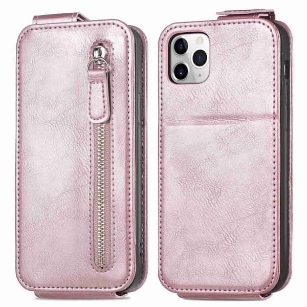 Vertical Flip Phone Etui med Zipper til iPhone 11 Pro Max - Rose Gull