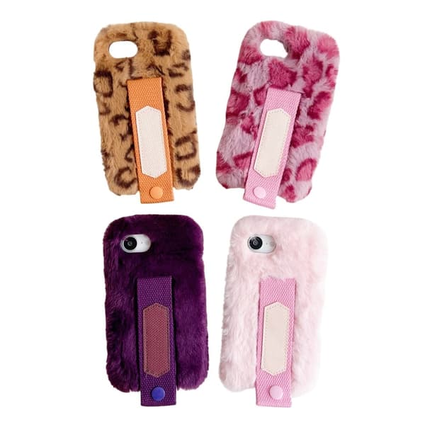iPhone 16e Fluffy Case Winter Plush Inner Flexible Phone Deksel with Hand Strap - Rosa
