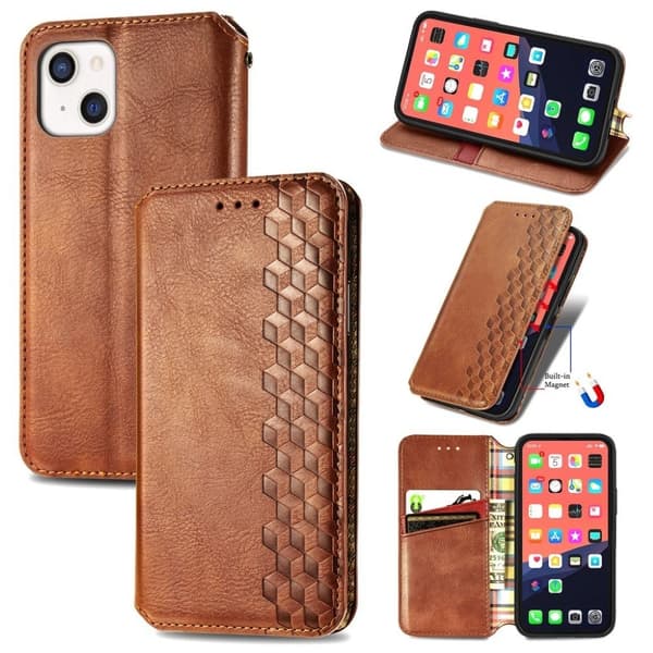 Läder iPhone 13 fodral med romb-design - Brun