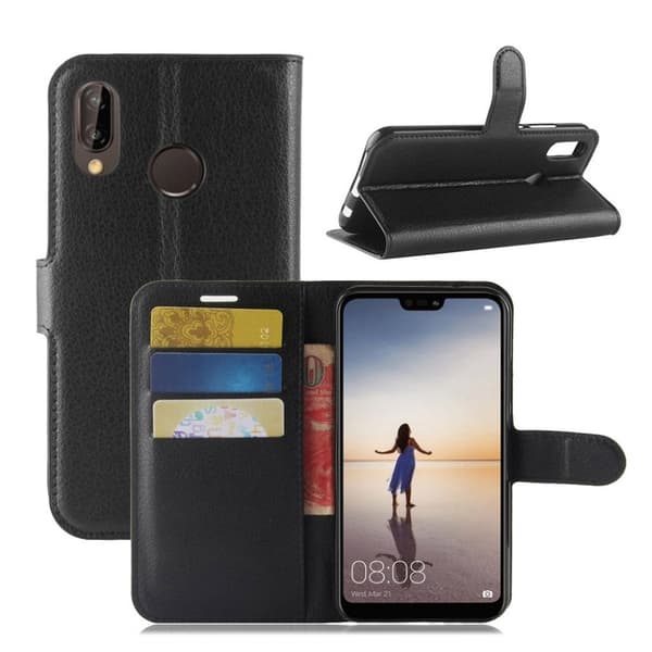 Huawei P20 Lite litchi tekstur PU læder flip etui - Sort