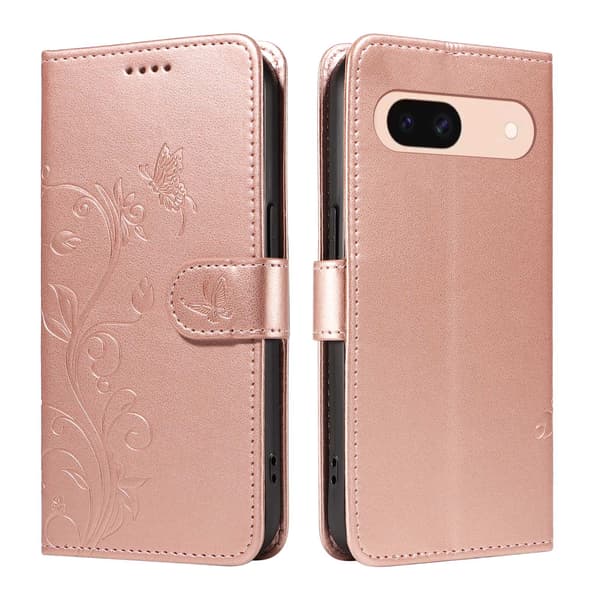 Google Pixel 8a veganskt läderfodral med blommönster, plånboksformat och stativ med rem - Roséguld