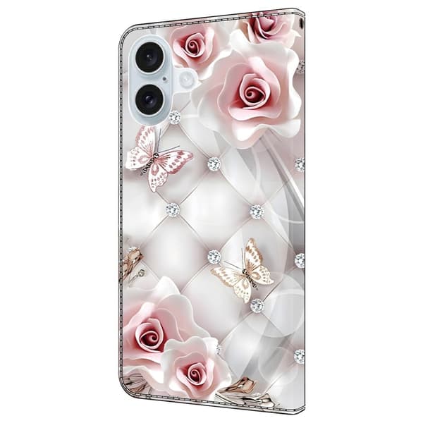 Wonderland iPhone 16 Plus flip etui - Lyserød Sommerfugl