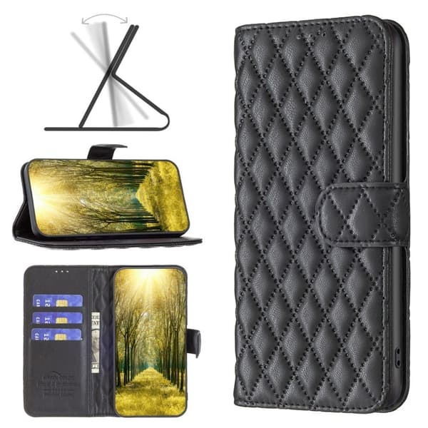 Rhombus mat iPhone 14 Pro flip etui - Sort