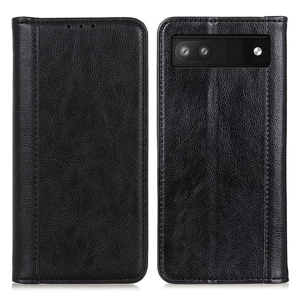 Google Pixel 6a ægte læderetui med magnetisk lukning - Sort