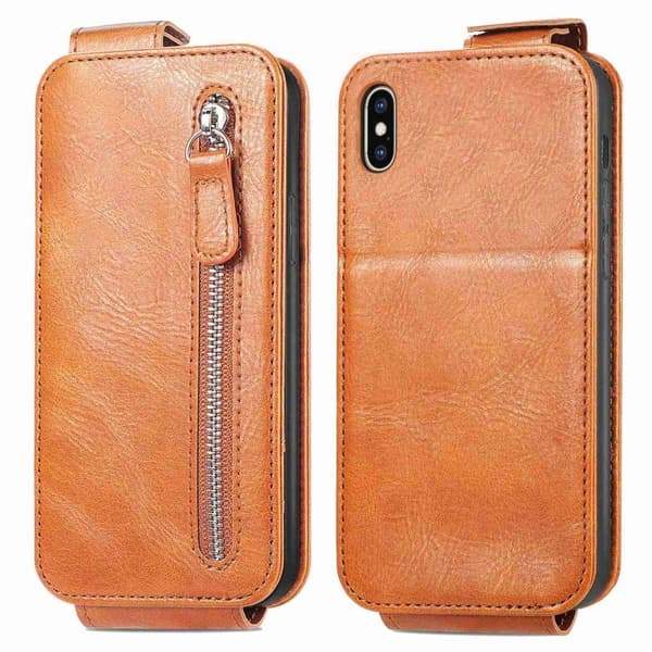 Lodret iPhone Xs Max flip etui med lynlås - Brun