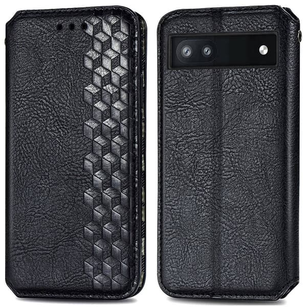 Læder Etui med A Stilfuldt Rhombus Tryk til Google Pixel 6a - Sort