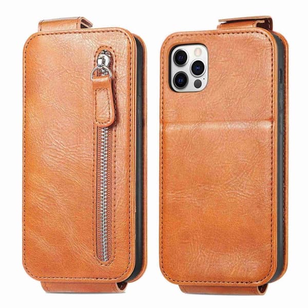 Lodret iPhone 12 Pro Max flip etui med lynlås - Brun