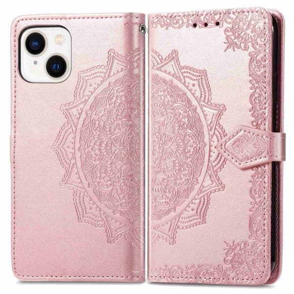Mandala iPhone 14 Läppäkotelo - Ruusukulta
