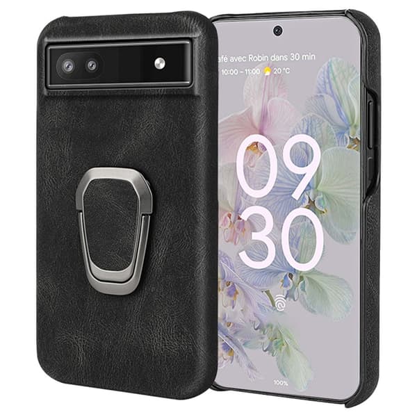Stødsikkert lædercover med oval støttefod til Google Pixel 6a - Sort