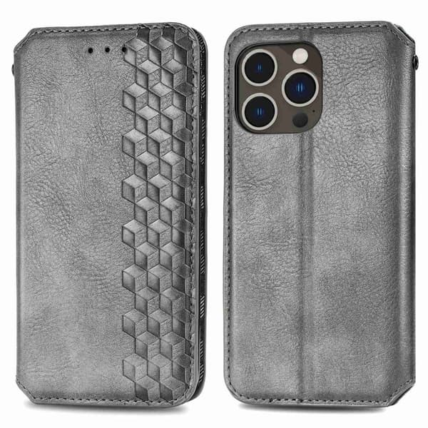 Læretui med A Stilfull Rhombus Imprint til iPhone 14 Pro - Grå
