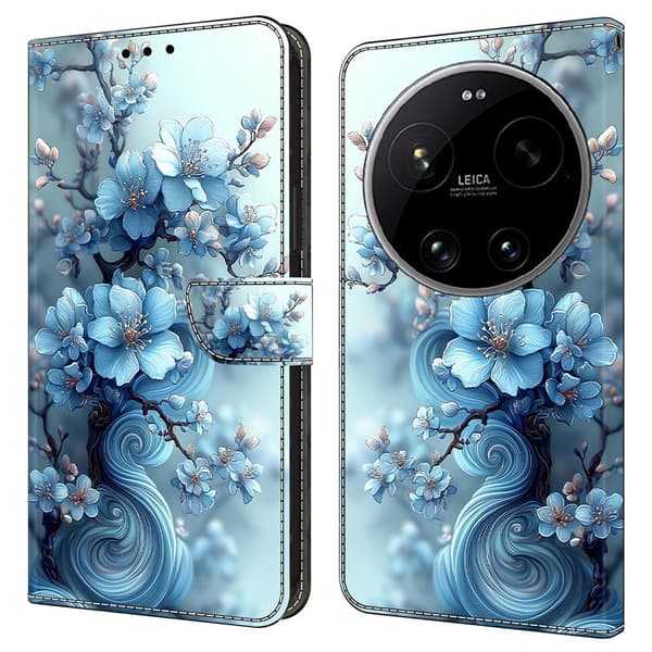 Xiaomi 17 Ultra plånboksfodral, vikbart stativ, mönstertryckt läderfodral - Isblå Blomma