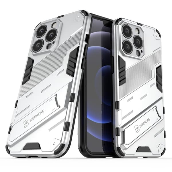 Kickstand Hybrid Hard Bumpresistent Soft Flexible stødsikkert Protective Case iPhone 13 Pro Max 6,7 tommer - Hvid