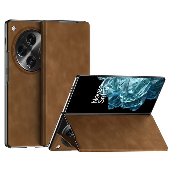 OnePlus Open Folding Case Nappa Texture Stand Läder- och stötsäkert mobilskal - Brun