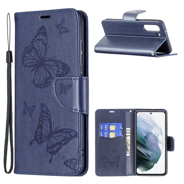 Butterfly Samsung Galaxy S21 FE Flip etui - Mørkeblå
