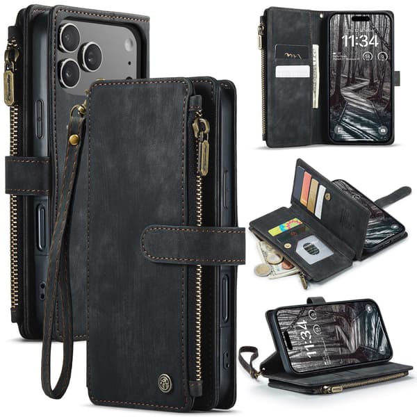 CaseMe iPhone 17 Pro etui med lynlås & pung - Sort