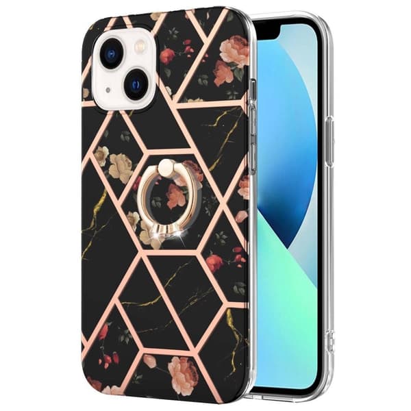 Marble Patterned Suojakuori With Ring Holder For iPhone 14 - Black Flowers