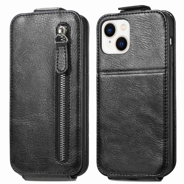 Lodret iPhone 14 flip etui med lynlås - Sort