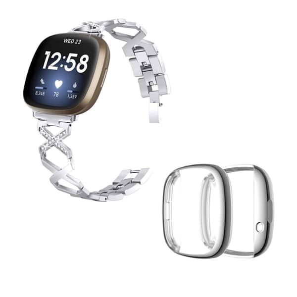 Fitbit Sense / Versa 3 X-formad strassdekor klockarmband med silverfodral - Silver