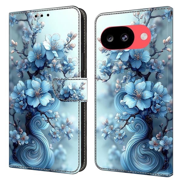Google Pixel 10a plånboksfodral, vikbart stativ, mönstertryckt läderfodral med flip-lock - Isblå Blomma