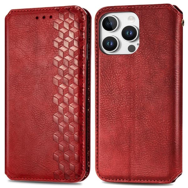 Läder iPhone 16 Pro fodral med romb-design - Röd