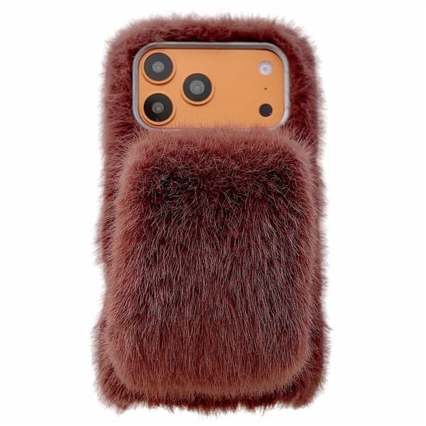 iPhone 17 Pro fluffigt mobilskal - varmt och flexibelt vinterfodral med handrem - Brun