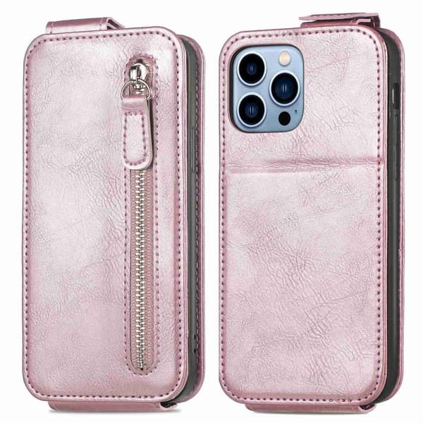 Vertical Flip Phone Suojakotelo With Zipper For iPhone 13 Pro - Ruusukulta
