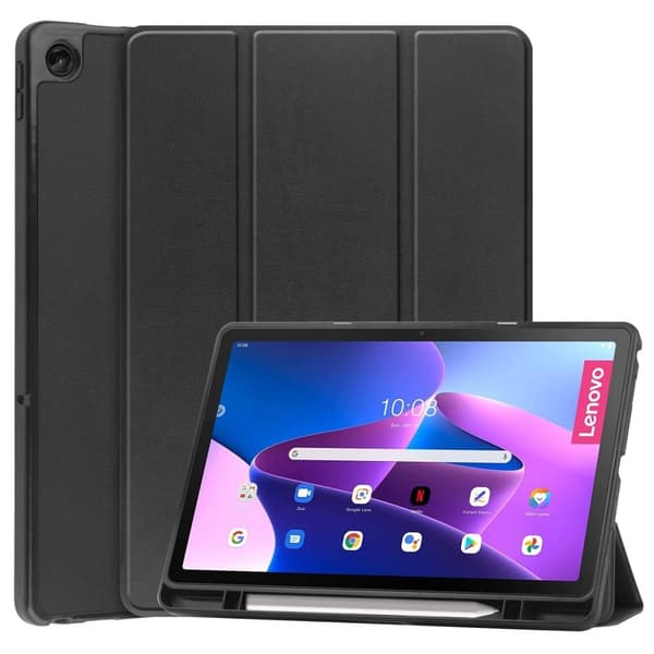 Tri-fold læderstativ-etui til Lenovo Tab M10 Plus (Gen 3) - Sort