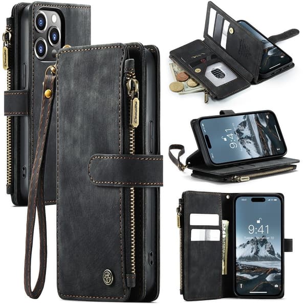 CaseMe iPhone 15 Pro etui med lynlås og pung - Sort
