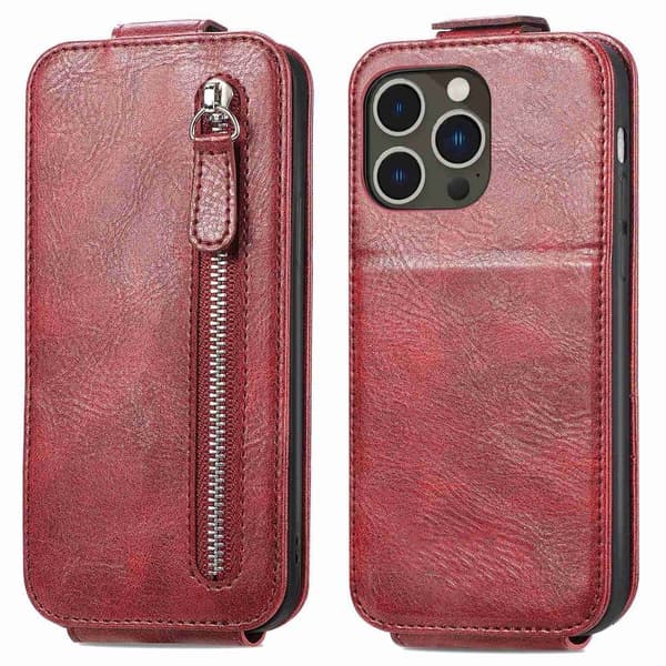 Lodret iPhone 14 Pro Max flip etui med lynlås - Rød
