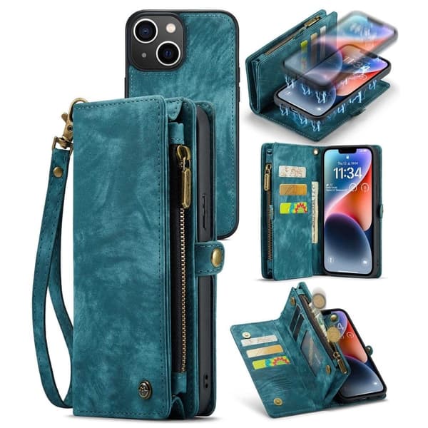 CaseMe iPhone 14 Plus Zipper Lompakko - Sininen