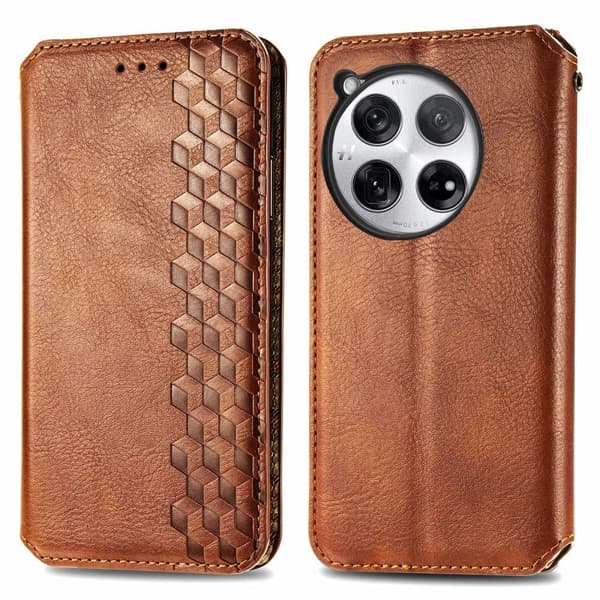 Läder OnePlus 12 fodral med romb-design - Brun